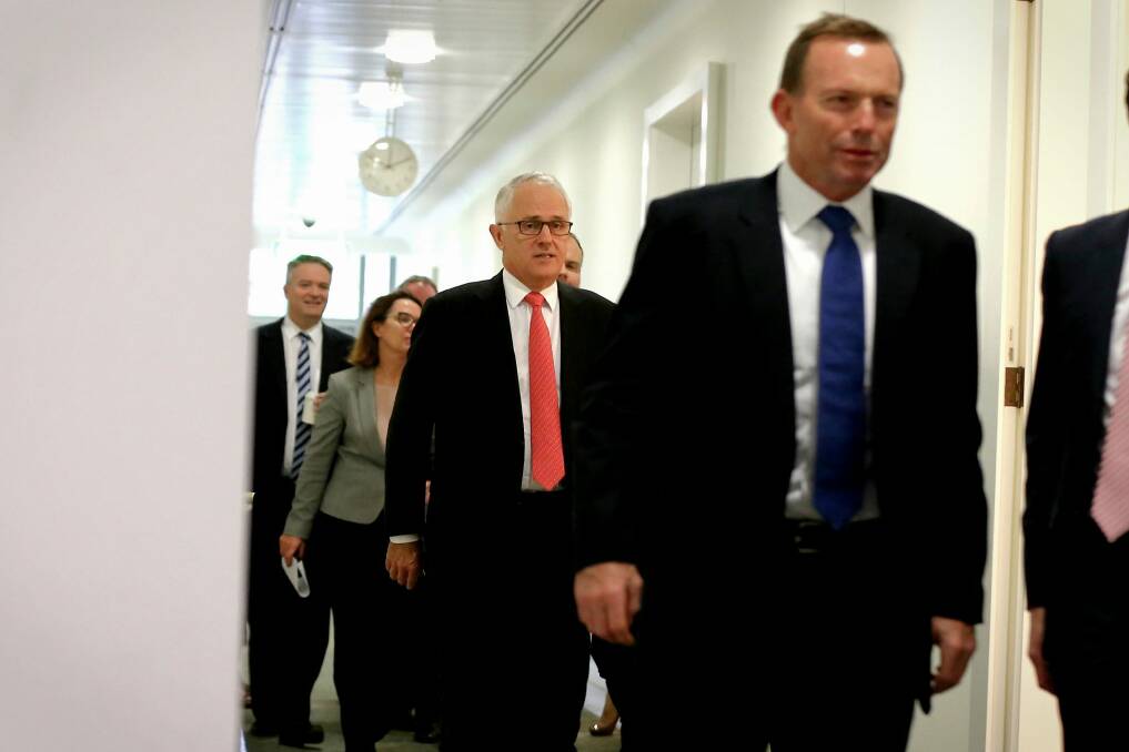 At war? Prime Minister Malcolm Turnbull and former prime minister Tony Abbott at Parliament House. Photo: Alex Ellinghausen