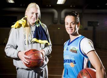 Geared up: Lauren Jackson and Kristen Veal, of the University of Canberra Capitals, are ready to take on the Dandenong Rangers on Saturday afternoon. Photo: Matt Bedford