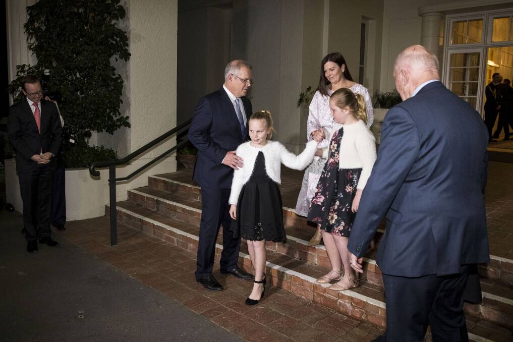 Prime Minister Scott Morrison and his wife, Jenny, and daughters, Abigail and Lily.  Photo: Dominic Lorrimer