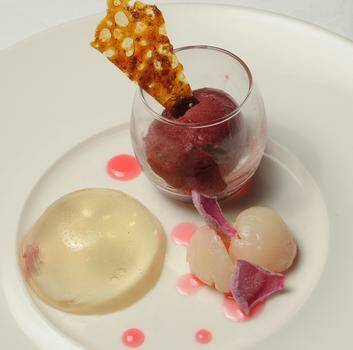 Champagne and rose petal bubble, lychee, maltose tulle and blackberry sorbet at the Ginger Room at the rear of Old Parliament House. Photo: Gary Schafer