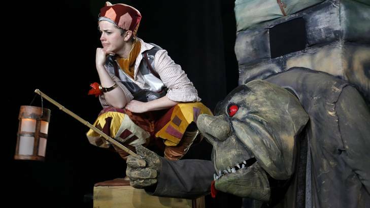 Catherine Hagarty, as Georgio, with the troll (Chrissie Shaw) in a scene from 'Rolling Home'. Photo: Jeffrey Chan JCC