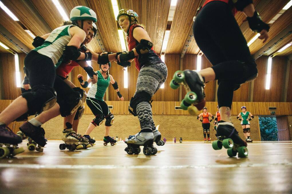 Canberra Roller Derby teams the Surly Griffins and the Red Bellied Black Hearts training ahead of their season launch. Photo: Rohan Thomson
