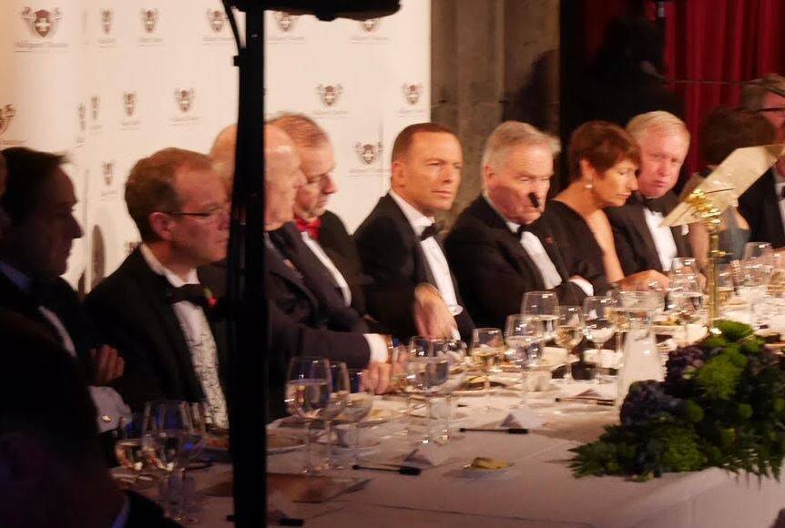 Tony Abbott, fifth from left, with his wife Margaret, second from right, at the Margaret Thatcher lecture in Britain. Photo: Nick Miller