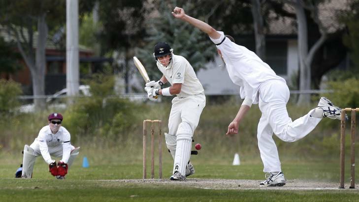 Ginninderra batsman Dan Upwardplays cautiously against West UC at Kippax Oval on Saturday. Photo: Jeffrey Chan