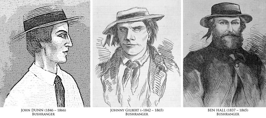 The bushrangers (left to right) Dunn, Gilbert and Hall
