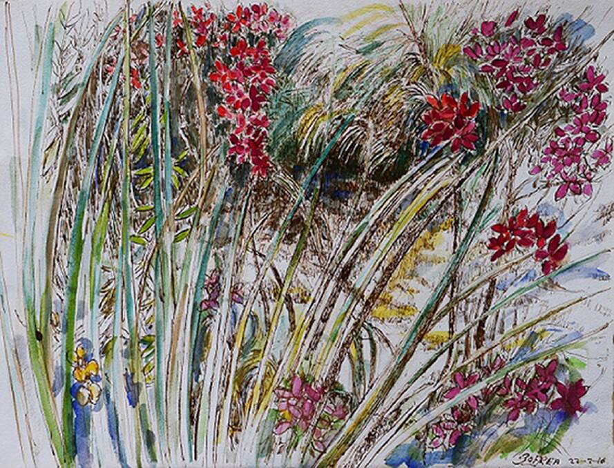Salvatore Zofrea's <i>Wax flowers in long grass</I>, 2016, features in the <i>Watercolours and woodcuts</I> exhibition.