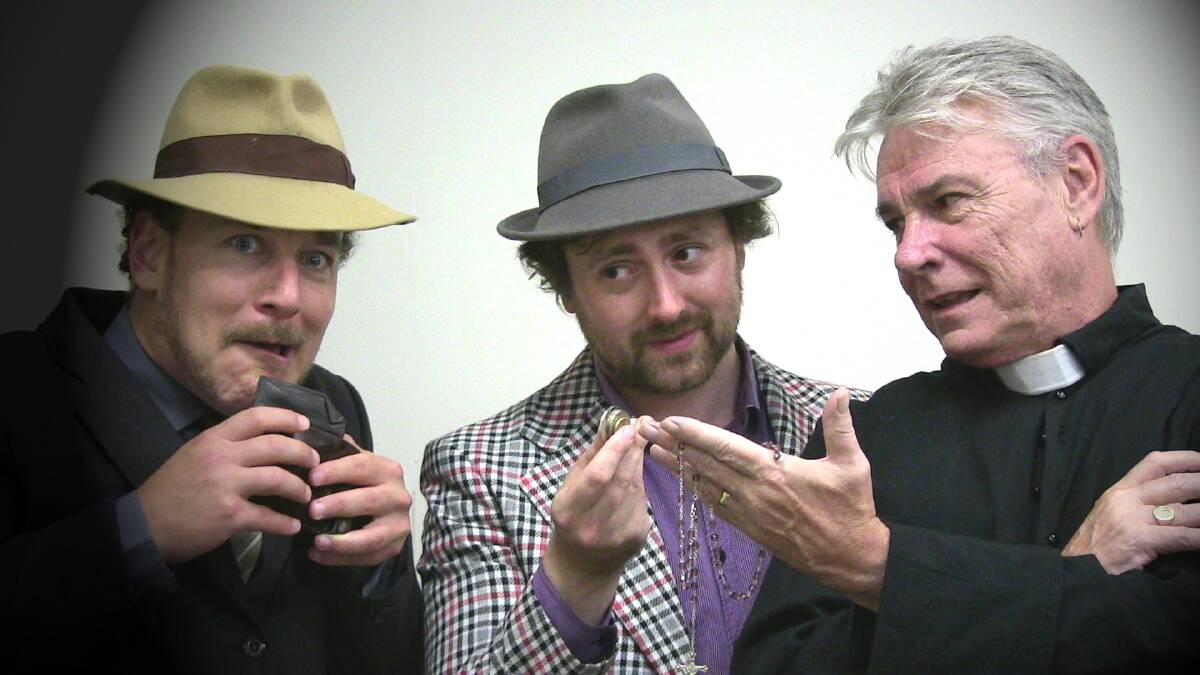 From left, gullible Nicia (Philip Meddows), con-man Ligurio (John Lombard), and slippery Father Timoteo (Tony Cheshire) devise an ethically questionable plot in The Mandrake Root.  Photo: Spread the Wyrd.