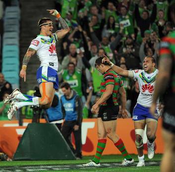 Sandor Earl celebrates a try during the Raiders v South Sydney semi final. Photo: Colleen Petch