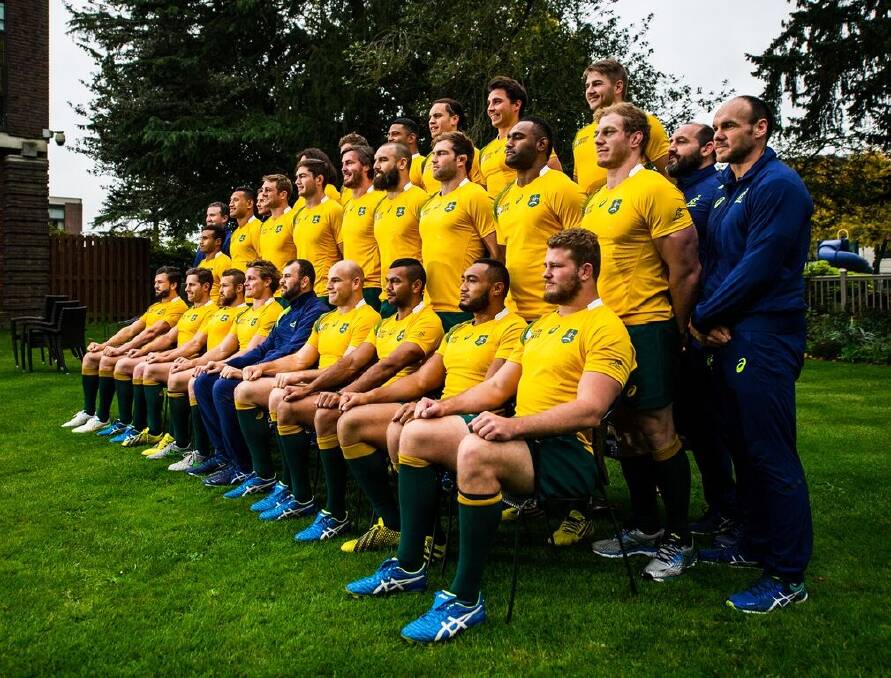 Together as one: The Wallabies pose for their team photo. Photo: Stuart Walmsley/ARU Media