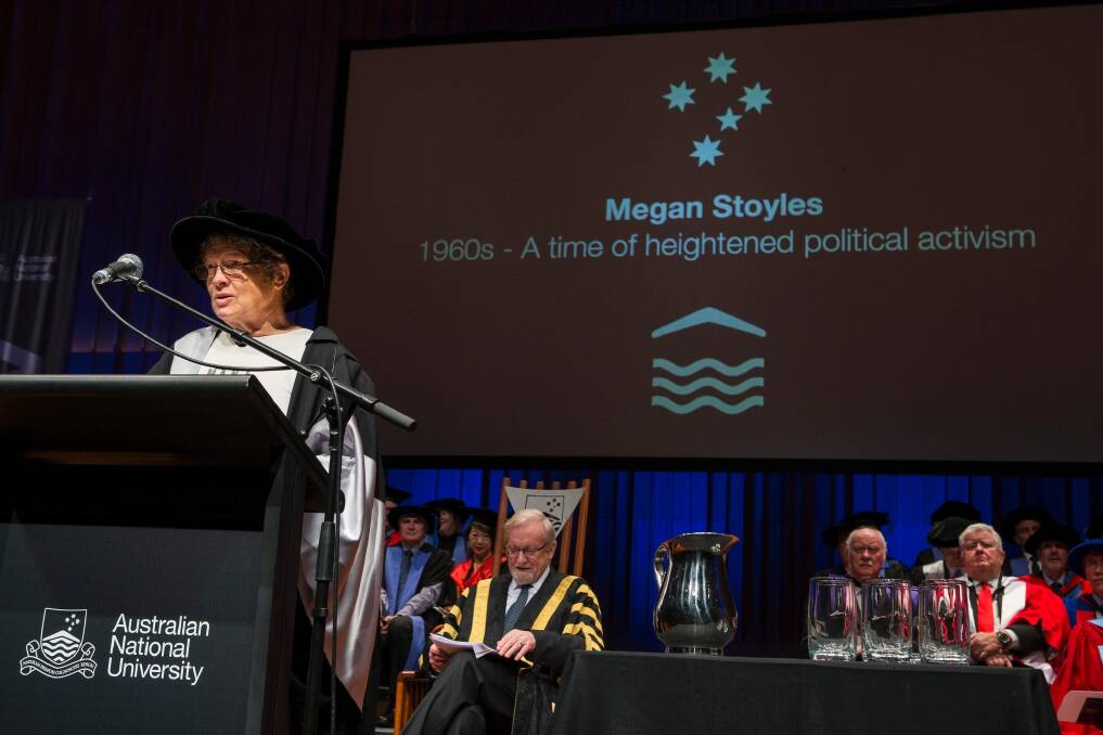 Megan Stoyles Auistralian National Univrsity alumnus Megan Stoyles speaking in August at a 70th anniversary event for the university about student activism in the 1960s. Photo: Stuart Hay, ANU