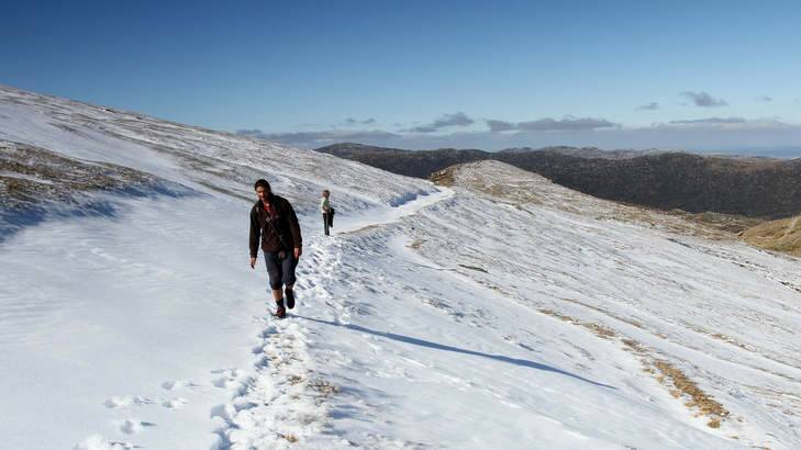 A pair of French backpackers make their way through the snow near the Little Austria section of the main range trail, as they make their way towards Mount Kosciuszko. Photo: Scott Hannaford