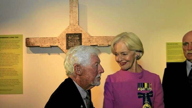 Governor-General Quentin Bryce launched the original Long Tan cross with Lieutentant Colonel Harry Smith SC former Officer commanding D Company 6RAR at the Australian War Memorial. Photo: Andrew Meares