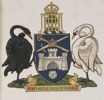 The old-world imagery of the Canberra coat of arms.