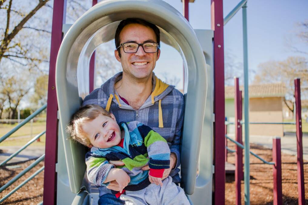 Nick Collins with his son Charlie, 20 months, at Build and Play in Lyons. Photo: Jamila Toderas