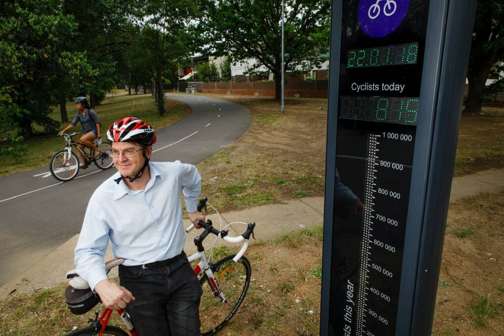 Ian Ross from Pedal Power ACT with the bike barometer in O'Connor. Photo: Sitthixay Ditthavong