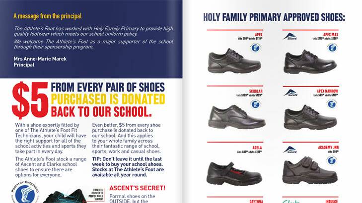 The advertising material from The Athlete's Foot, signed by the principal from Holy Family Primary - one of dozens of ACT schools to sign on with the business for the 2014 school year.