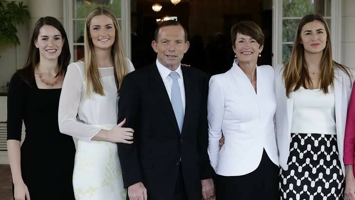 The Abbott family: Louise, Bridget, Prime Minister Tony Abbott, Margie and Frances. Photo: Alex Ellinghausen