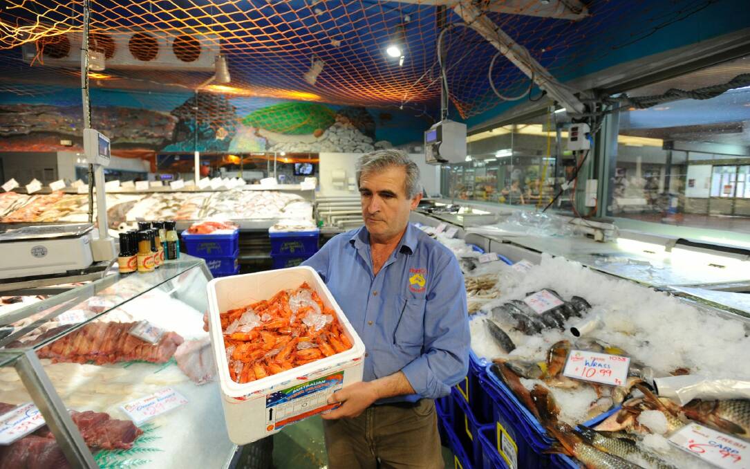 FishCo Fish Market managing director John Fragopoulos with some Australian tiger prawns at his store at the Belconnen Markets in 2011.  Photo: Lannon Harley 