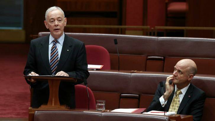 Senator Bob Day delivers his maiden speech to Parliament. Photo: Alex Ellinghausen