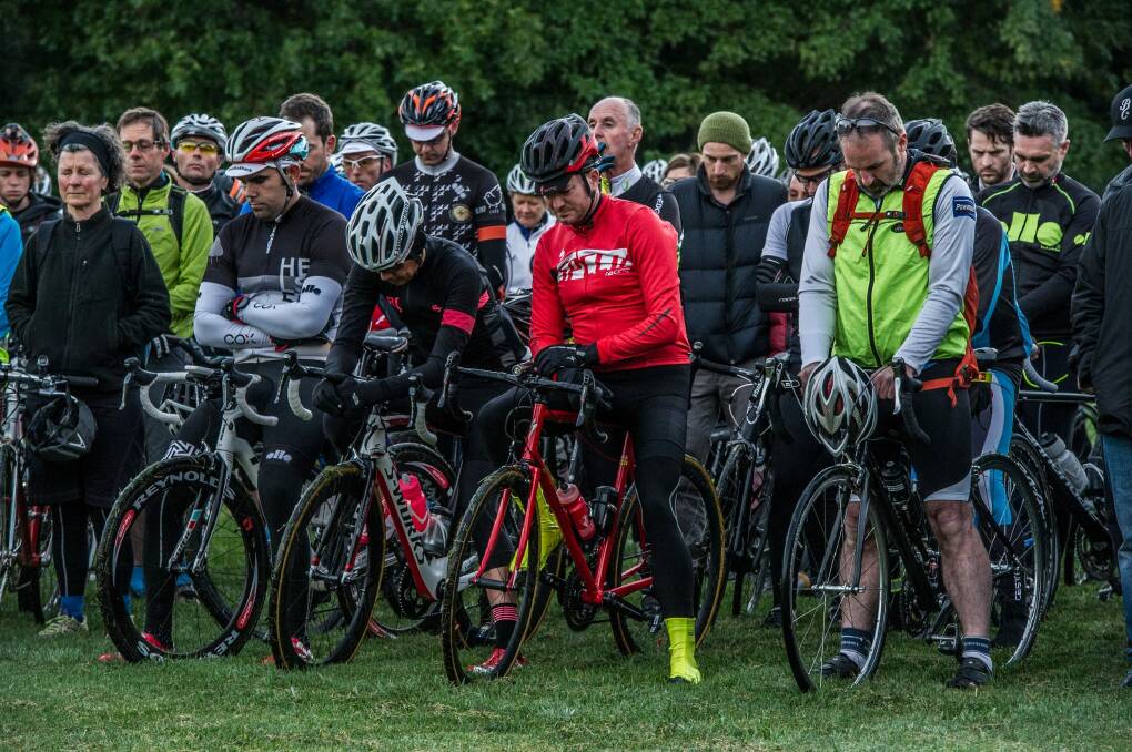 Hundreds of members of the Canberra bike riding community attend a memorial for British endurance cyclist Mike Hall lost on ACT roads recently. Photo by Karleen Minney. Photo: Karleen Minney.
