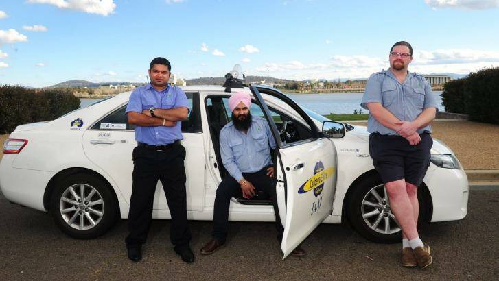 Canberra taxi drivers from left,  Amit Khajuria, Gurtejwar Sing and Daniel Van de Zandt. Photo: Melissa Adams