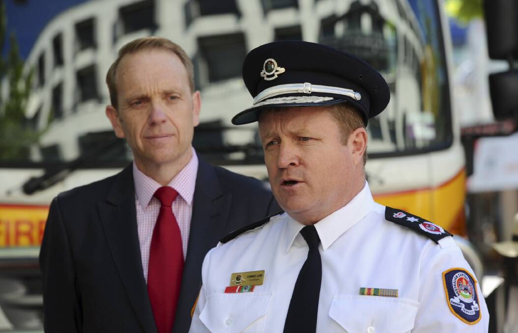 Police and Emergency Services Minister Simon Corbell and Emergency Services Agency commissioner Dominic Lane.  Photo: Graham Tidy