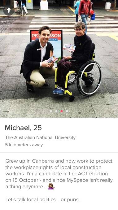 Screenshot of Michael Pettersson's Tinder profile, a candidate at the ACT election using the dating app to appeal to young voters. Photo: Supplied