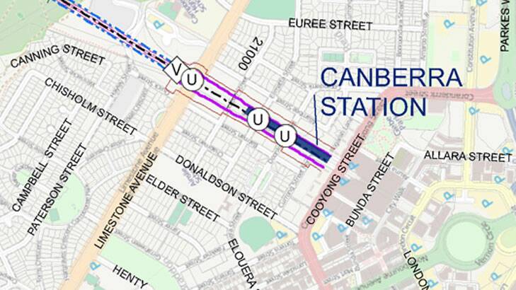 The proposed location of a Canberra high-speed rail station. (U = under road, V = vent) Photo: High Speed Rail Study