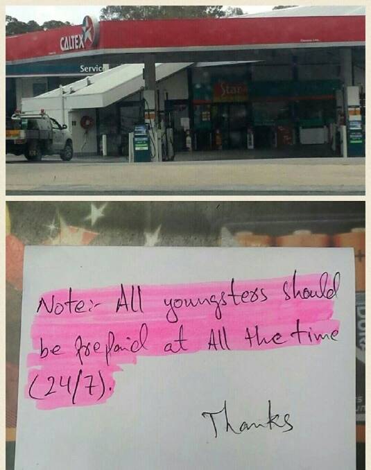 Rebecca Forrest snapped a photo of this sign on display at a Canberra Caltex service station. She believes it to be discriminatory towards younger people. Photo: Rebecca Forrest