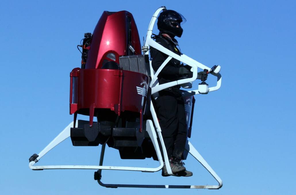 Surfing the skies: Glenn Martin's personalised jetpack makes a demonstration flight in Christchurch. Photo: Supplied