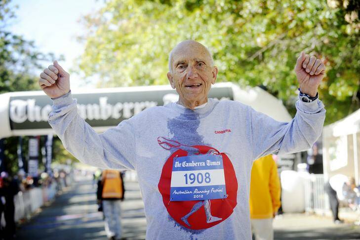 84-year-old, Rad Leovic, after completing the Canberra half Marathon. Photo: Rohan Thomson