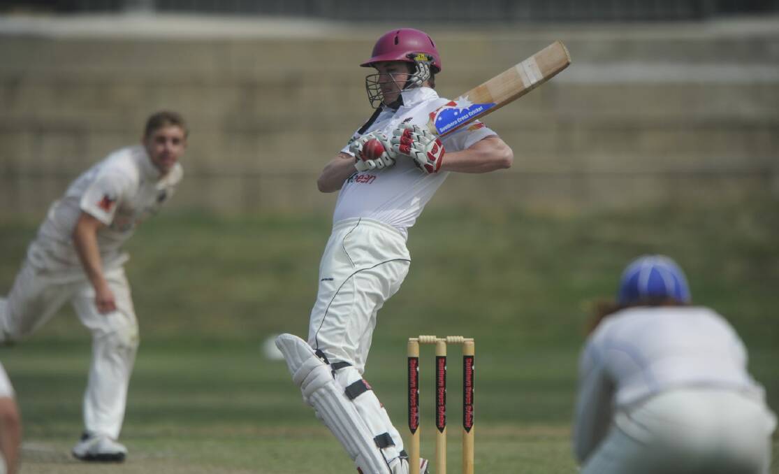 Wests/UC batsman Ben Oakley evades a short ball during Saturday's Douglas Cup semi-final against Queanbeyan at Freebody Oval. Photo: Graham Tidy