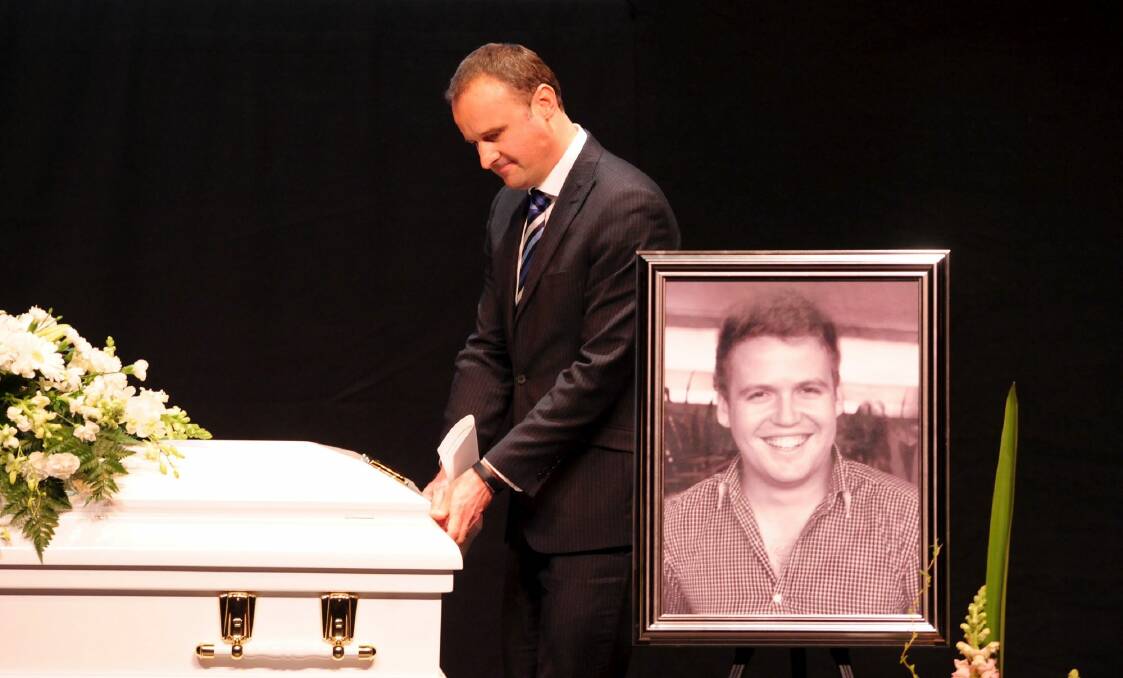 Andrew Barr pays tribute to Kurt Steel at his funeral. Photo: Graham Tidy