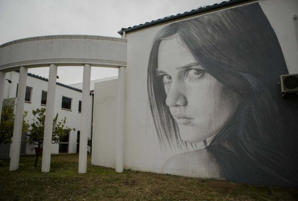 "Sarah" is a nine-by-six-metre mural created by Melbourne street artist Rone, on a wall of Canberra's Spanish embassy.  Photo: Jamila Toderas