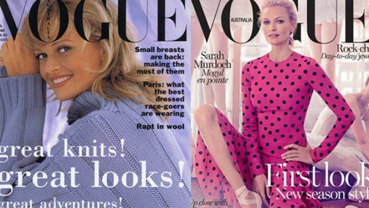 Sarah Murdoch's first and latest Vogue covers, 21 years apart. Photo: Vogue Australia/Facebook