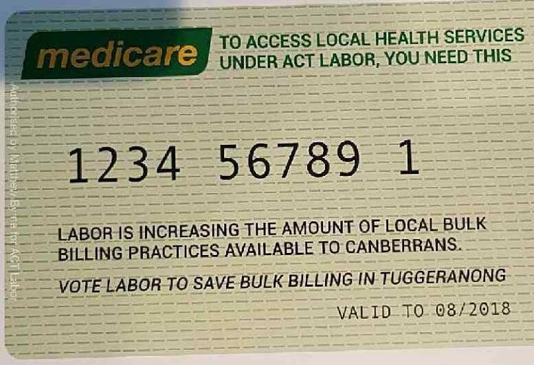ACT Labor's fake Medicare cards, with 30,000 distributed in the election campaign. Photo: Supplied