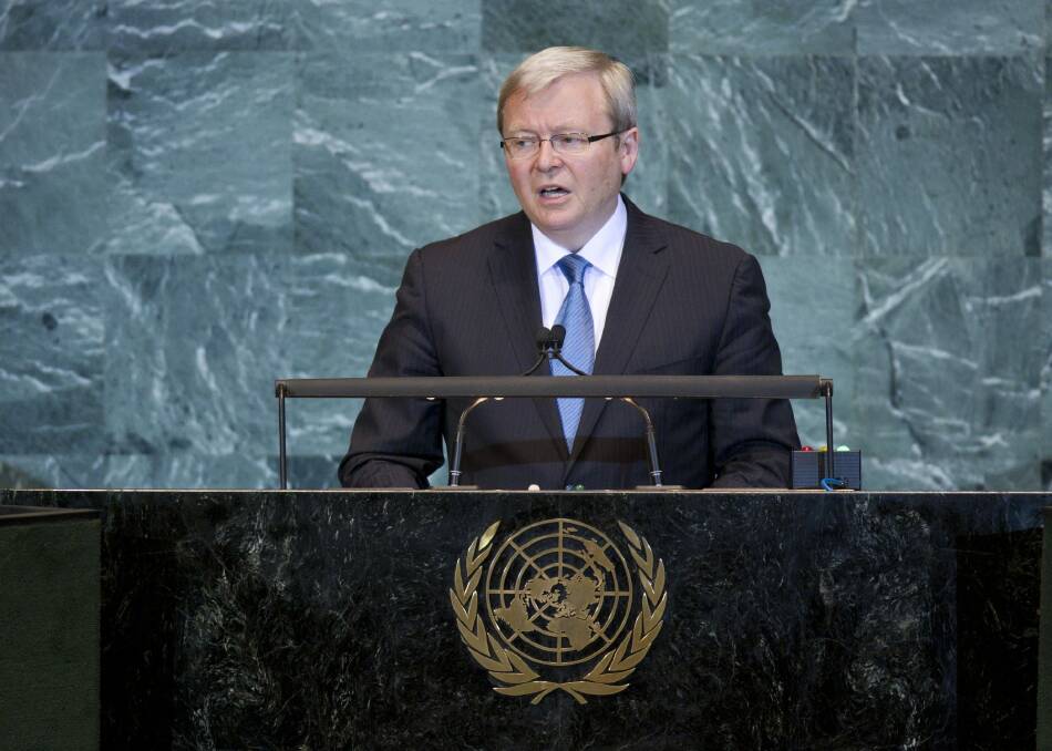 Former prime minister Kevin Rudd addresses the United Nations, while PM, in 2009. Photo: Bloomberg