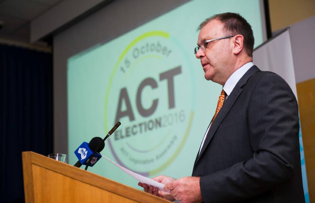 The ACT Electoral Commissioner Phillip Green announces the ACT election candidates and ballot paper order at the Legislative of Assembly. Photo: Elesa Kurtz