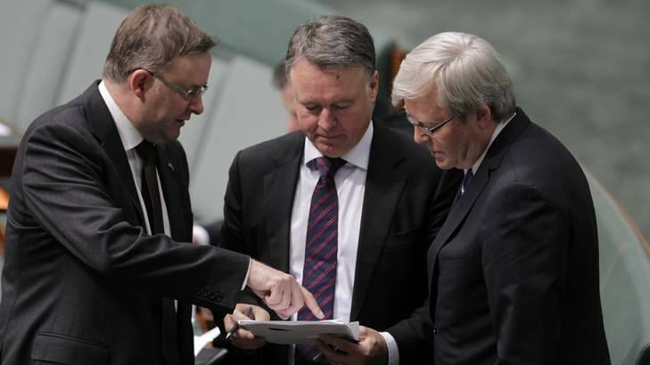 Joel Fitzgibbon, centre, with Anthony Albanese, left, and Kevin Rudd.