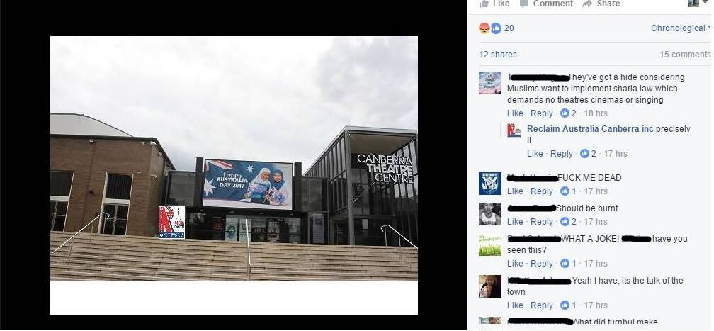 The billboard outside the Canberra Theatre Centre was threatened with fire and vandalism. Photo: Screenshot