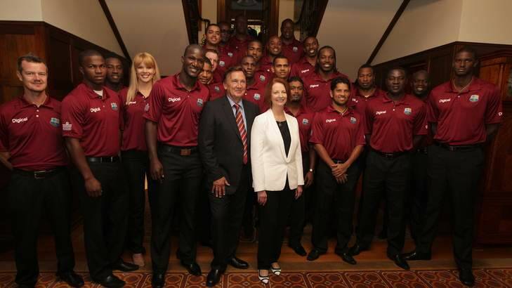 Prime Minister Julia Gillard and her partner Tim Mathieson with the West Indies team at The Lodge. Photo: Alex Ellinghausen
