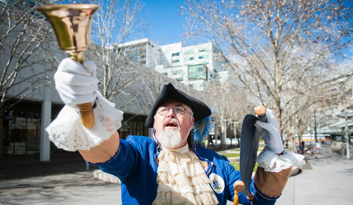 Alan Moyce was working in the federal public service five years ago when he won the position of Canberra's town crier. Now the time has come to hand over the bell to his successor. Photo: Elesa Kurtz