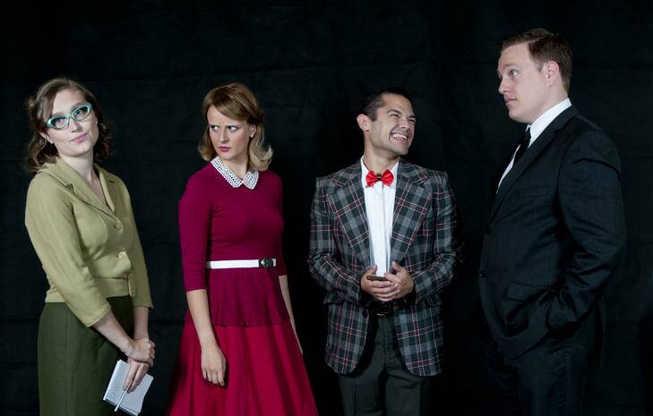 Smitty (Hannah Wood), Rosemary (Vaness de Jager), J. Pierpont Finch (Adrian Flor) and Mr Bratt (Adam Salter), from Phoenix Players? 2012 musical production "How to Succeed in Business Without Really Trying". Photo: Supplied by Captured Moments