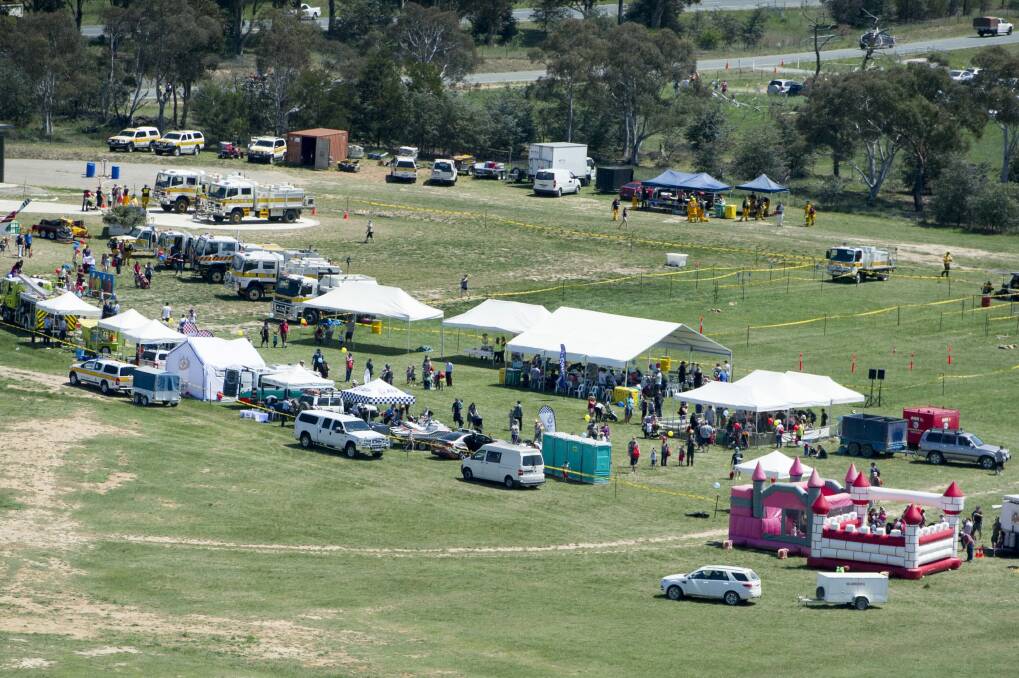 An aerial view of the ACT Rural Fire Service open day on Sunday. Photo: Jay Cronan 