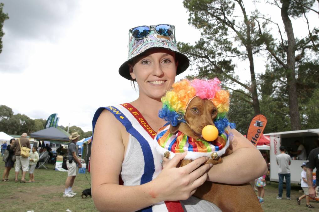Sarah McCreath, of Bonython ,with her dog Snags that won both the Werriwa Wiener Dash race and the Dapper Dachshund costume event at the Bungendore show.   Photo: Jeffrey Chan