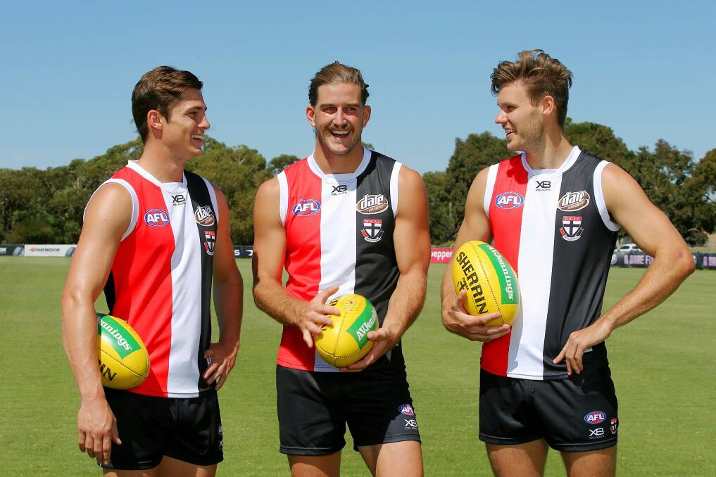 St Kilda AFL footballers from Canberra left to right Jack Steele Josh Bruce & Logan Austin at Seaford training ground Picture:Wayne Ludbey Photo: Wayne Ludbey