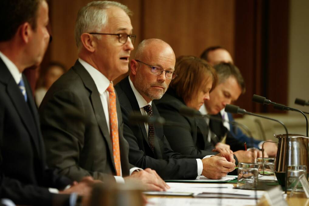 Prime Minister Malcolm Turnbull with special adviser Alastair Macgibbon. Photo: Alex Ellinghausen