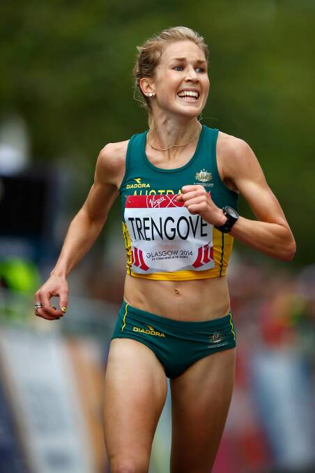 Jess Trengove reacts after finishing third in the women's marathon at the 2014 Glasgow Commonwealth Games. Photo: Getty Images