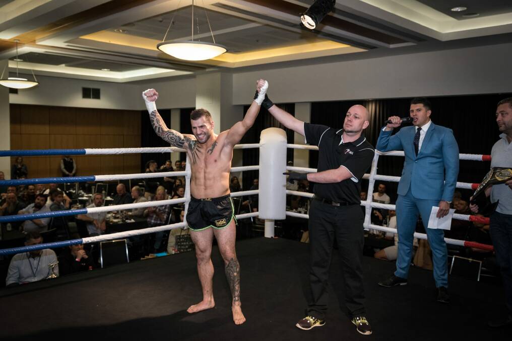Steve Moxon knocked out Ehsan Shakeri to win the MASA world middleweight kickboxing championship. Photo: Dimitri Yianoulakis