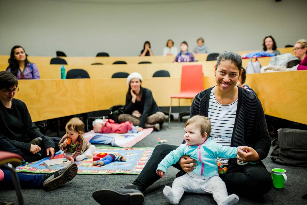 ANU staff held a seminar in August 2016 for mums working at the university and their bubs about cultural and structural support for breastfeeding while at work. Associate Professor Katerina Teaiwa of ANU, with her daughter Kiera Teaiwa Mortimer. Photo: Jamila Toderas